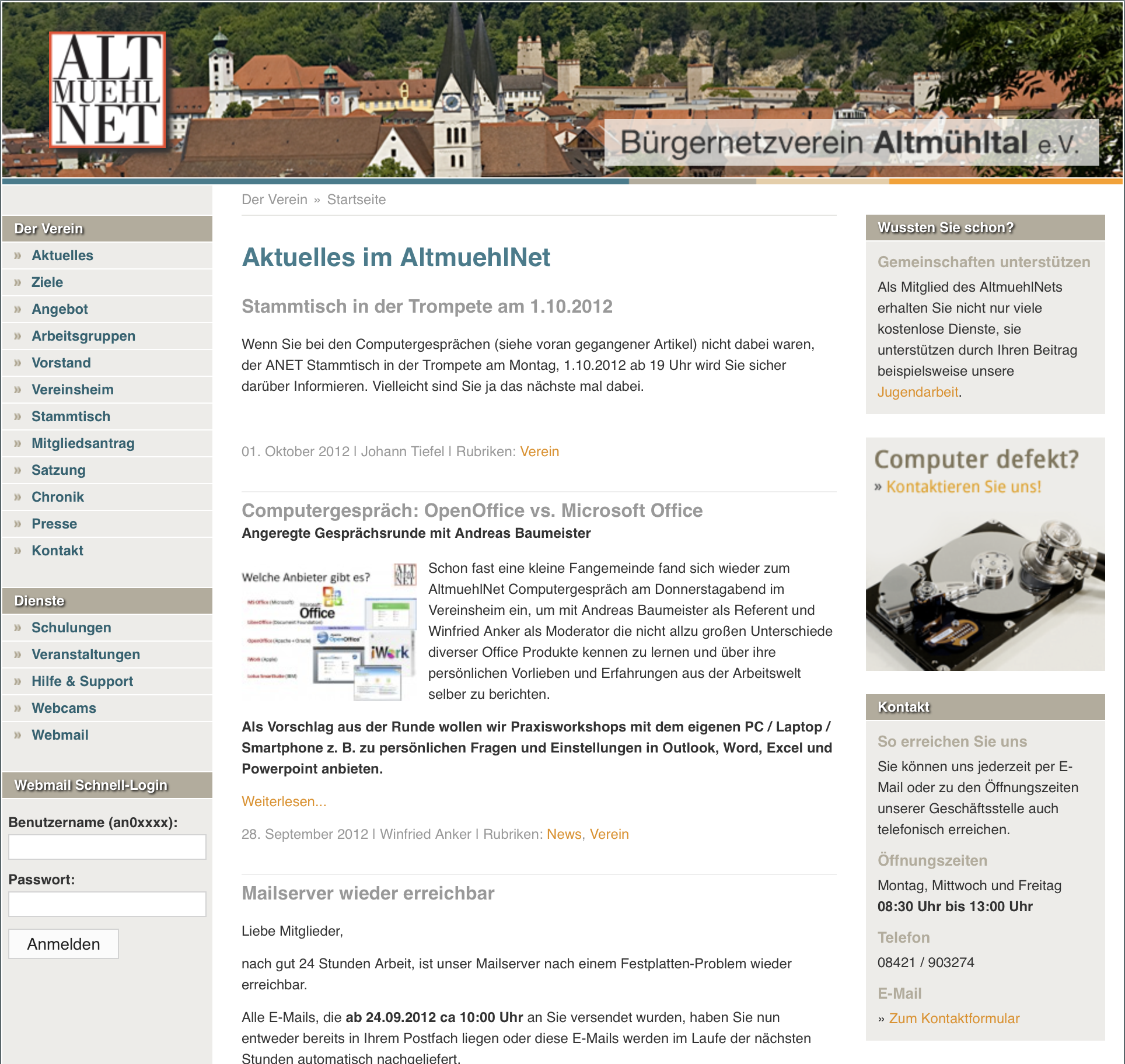 Die AltmühlNet-Website von 2012